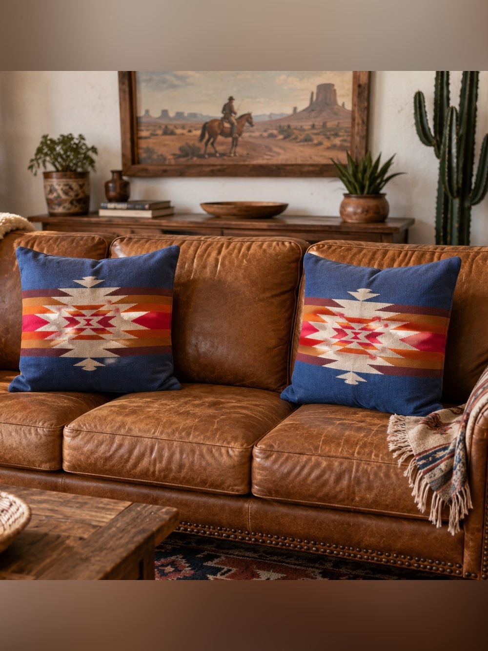 2 Southwestern Pillow Covers Boho Western Tribal Blue red Throw Decor pillows